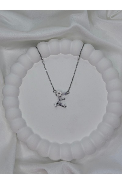 stainles steel Paslanmaz Çelik Silver Mor-Pembe Zirkon Taşlı Çiçekli E Harfi ...