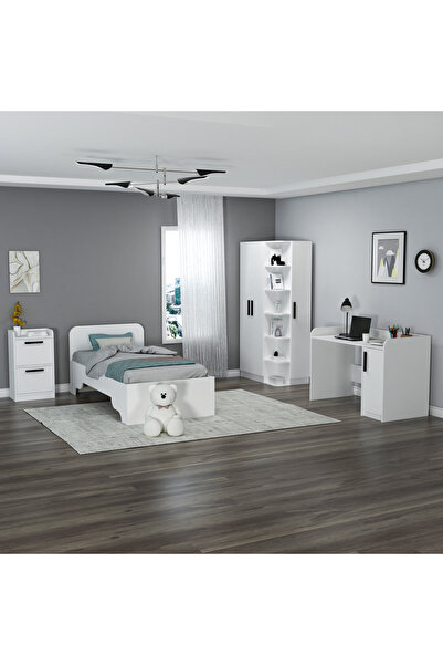 ARNETTİ Luses Genç Odası 4'lü Takım Beyaz Çalışma Masası-Gardırop-Komodin-Karyola - Luses