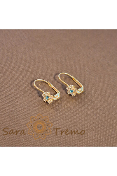 SaraTremo 18K Gold Plated Earrings, Floral Design with Blue Zirconia and White Crystals