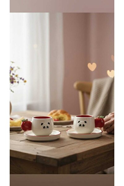 Kosova Panda Figürlü 2’li Fincan Seti–Elma Kulplu Seramik Kahve Fincanı–Fincan Takımı–Hediye Fincan