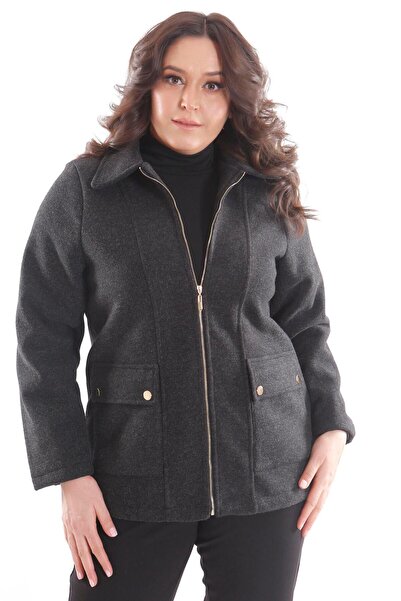 Metpoint Trend42Plus Large Size Pocket Covered Zippered Black Cashmere Coat