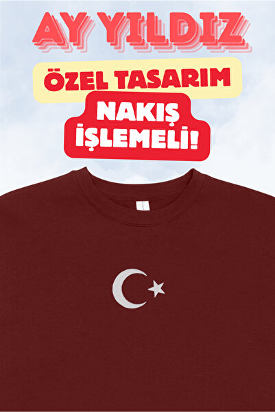 VIAResmi AY YILDIZ ÖZEL TASARIM NAKIŞ İŞLEMELİ 3 İPLİK ŞARDONLU İÇİ YÜNLÜ SWE...