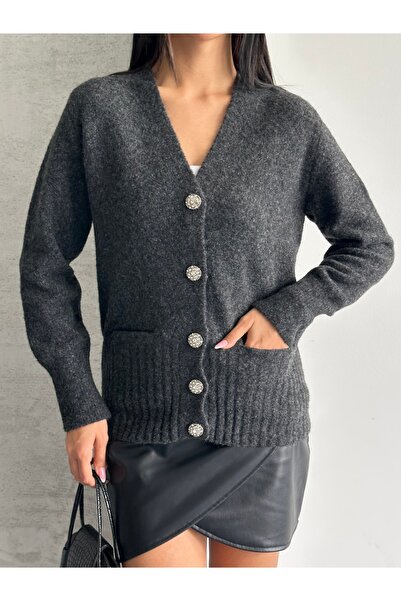 Cockatoo Cardigan gri pentru femei, cu decolteu în V, cu nasturi de piatră, c...
