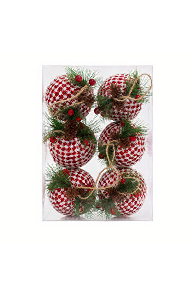 JML1 Set de 6 globuri decorative de Crăciun, model roșu tricotat, 7 cm, cu co...