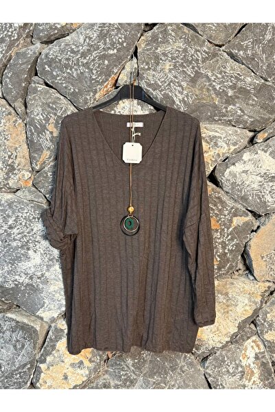 Punta Otantik Nc2182 Italian V-Neck F Corded Fabric Blouse with Necklace Petr...