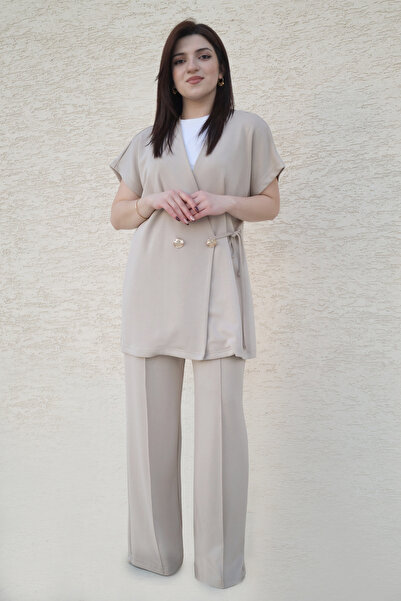 modahira yandan bağlamalı düğme detaylı yelek takım