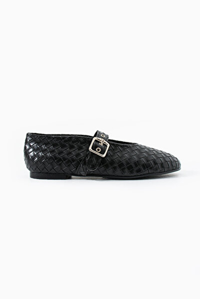 Eataly Shoes Elise Black Silver Buckle Detailed Knitted Women's Ballerinas