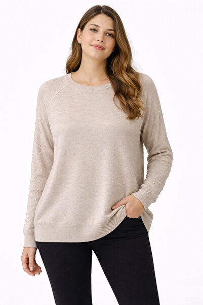 Şans Women's Plus Size Mink, Raglan Sleeve, Sleeves with Pearl Detail, Wool Viscose Tunic 65N39278