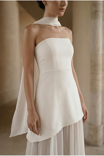 Hazal En Blanc Asimetrik Şifon Etek Şal Detaylı Şifon Elbise