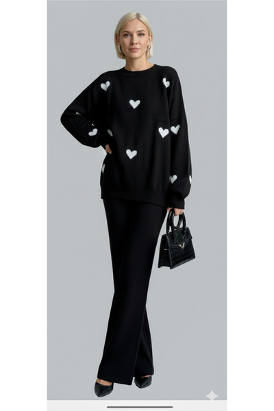 Love Benti Lovebenti Piona Black Black and White Cable Detailed Knitwear Two-...