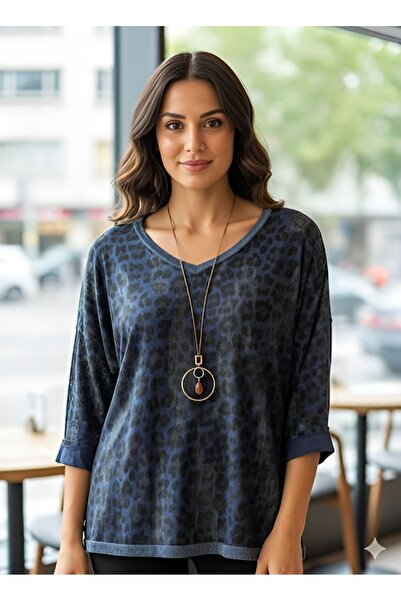 AGORATEKSTİL Women's Original Italian V-Neck Long Sleeve Silvery Necklace Leo...