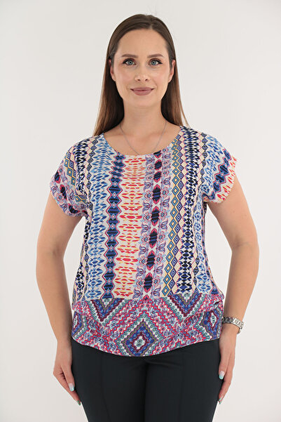 Vanessa Line RO Viscose blouse with multicolor geometric print and border at the hem