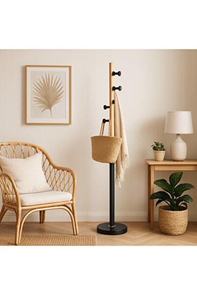 Palma homez رف معاطف معدني عمودي بلمسة خشبية - قاعدة دائرية ثابتة - أسود