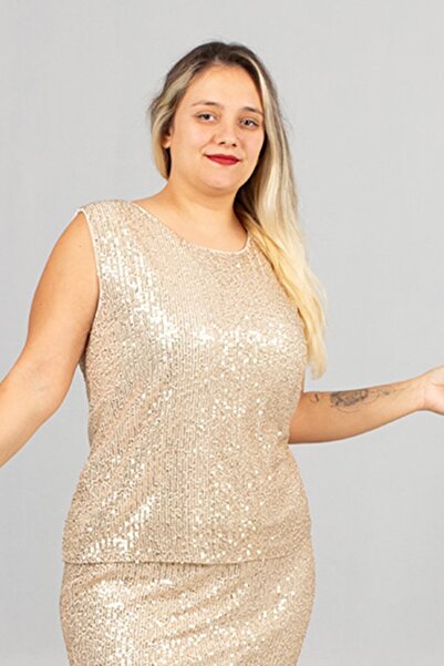 Truva XXL Bluză de aur cu paiete pentru femei de mărime mare, plină de eleganță și rafinament!