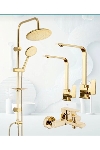 luxury faucet gold yuvarlak robot gold kare evye-lavabo-banyo bataryası 4’Lü set