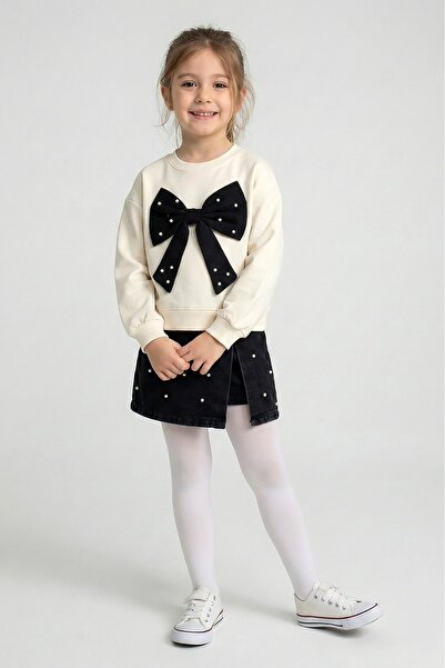 Dmb Girl's Bow Decoration Sweatshirt Elastic Waist Bead Decoration Denim Shor...