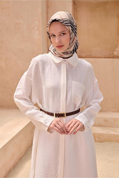 Belli Eșarfă bej cu model clasic, 100% mătase twill 4122 - 02