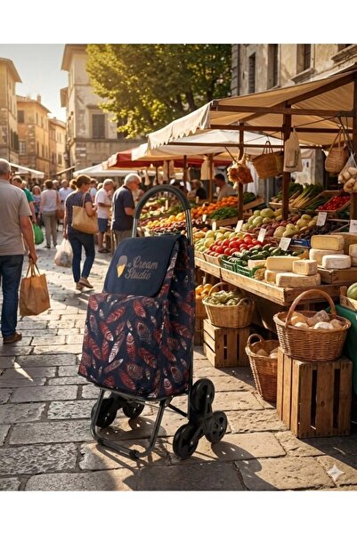 CEZVE HOME Desenli Katlanabilir Alüminyum Gövdeli 3 Tekerlekli Alışveriş Mark...