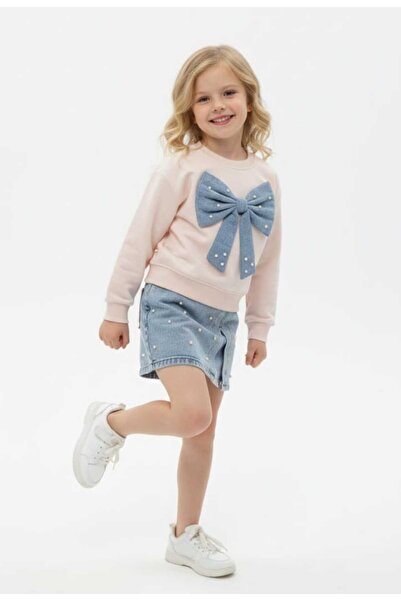 Dmb Girl's Bow Decoration Sweatshirt Elastic Waist Bead Decoration Denim Shor...