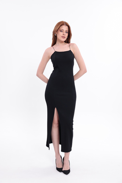 MYZ LİFE Askılı Siyah Kalem Elbise