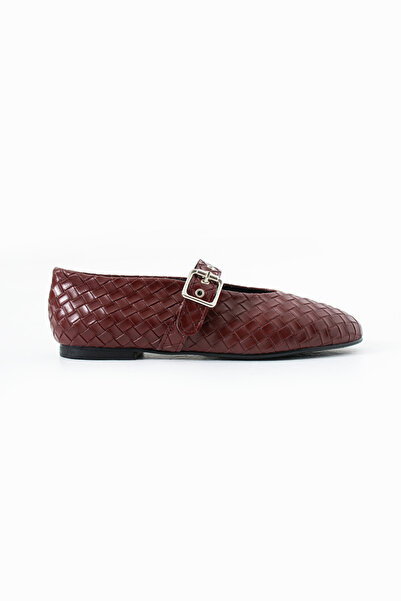 Eataly Shoes Elise Burgundy Silver Buckle Detailed Knitted Women's Ballerinas