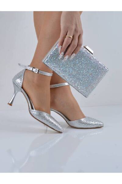 Şanslı Ayakkabıcılık Silver Plated Stone Band Champagne Heeled Evening Dress Shoes Box Bag Set