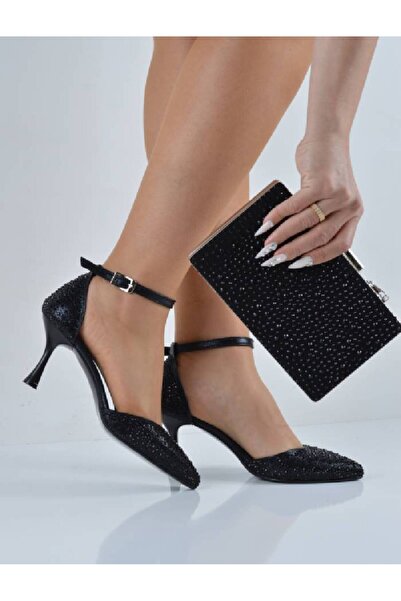 Şanslı Ayakkabıcılık Black Plastered Stone Banded Champagne Heeled Evening Dr...