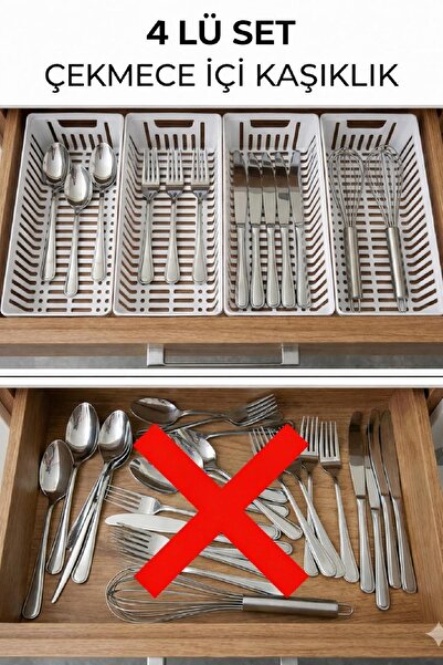 Lilya Home 4'lü Modüler Kaşıklık Seti - Mutfak Düzenleyici Çekmece İçi Organizer Bıçaklık Kepçelik BEYAZ