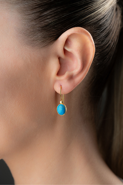 jingle bells Doğal Firuze Taşlı 925 Ayar Gümüş Tel Sallantılı Küpe Altın Kaplama