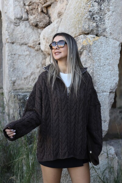 bytugcekaya Pulover împletit cu fermoar, maro amar, mărime standard