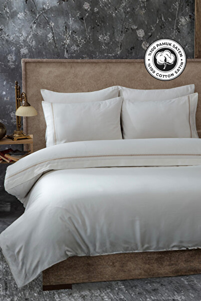 Evlen Home Collection Embroidered 100% Cotton Satin Double Duvet Cover Set Dowry Set Daily Luxury Devin 6 Piece Cream