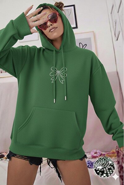 NO 601 سترة شتوية نسائية بقلنسوة مزينة بفيونكة خضراء وحجر تروك