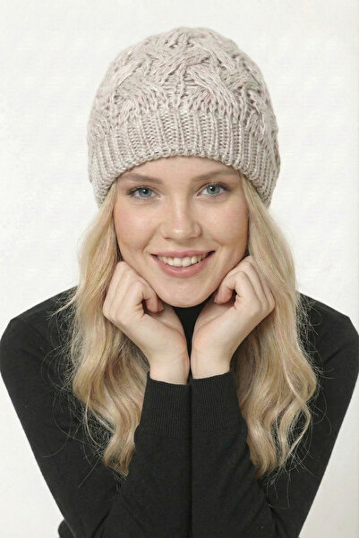 FATELLA Kadın Taş Rengi Saç Örgü Desenli Kışlık Triko Bere - Yumuşak Dokulu S...