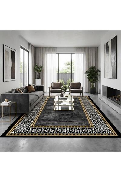 Carpettex Siyah Zemin Altın Detaylı Oryantal Bordürlü Dijital Baskılı Kaymaz ...