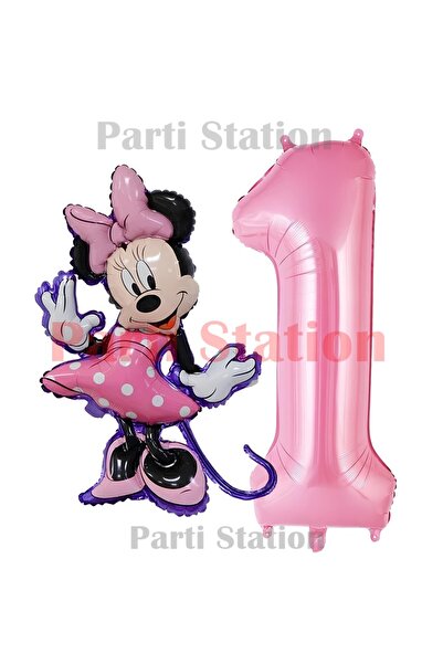 Parti Station Minnie Mouse Konsept 1 Yaş Pembe Folyo Rakam Balon Seti