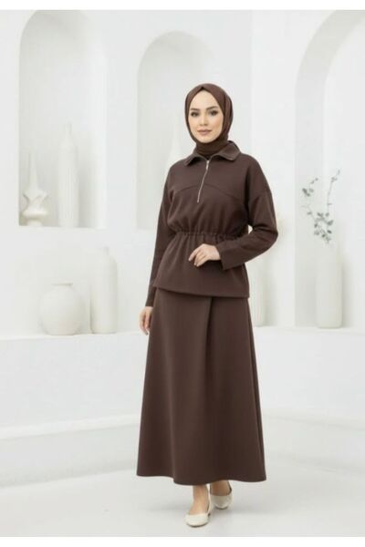 ASES kadın tesettür yaka fermuarlı beli stoper büzgülü elbise