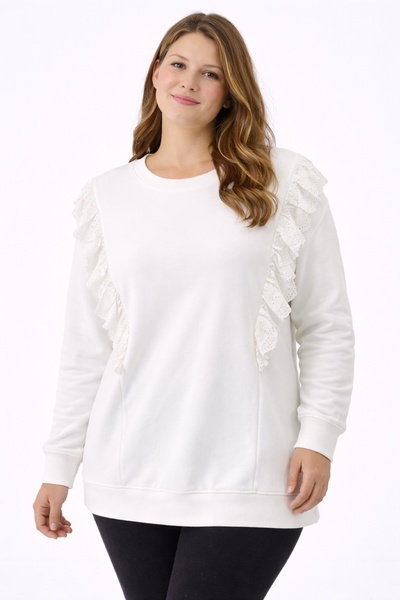 Şans Women's Plus Size White, Lace Detailed Sweatshirt 65N39280