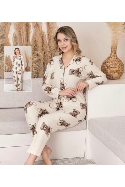Erva pijama giyim SÜET KUMAŞ Ayıcık Desenli Kadın Pijama Takımı