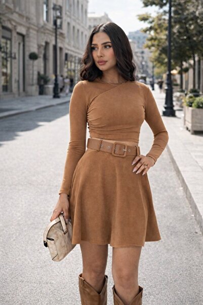 winmoda Kloş Suede Skirt with Belt / Suede Skirt - Taba - Brown