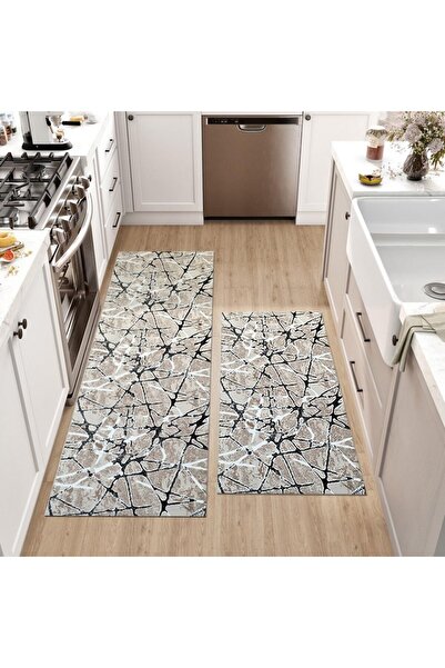 OEM Set of 2 Non-Slip Rugs, Beige and Black Shades, 60 x 120 / 60 x 240 cm