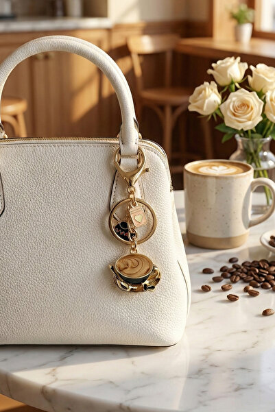 Modex Breloc pentru geantă cu ceașcă de cafea cu figurină emailată de culoare aurie