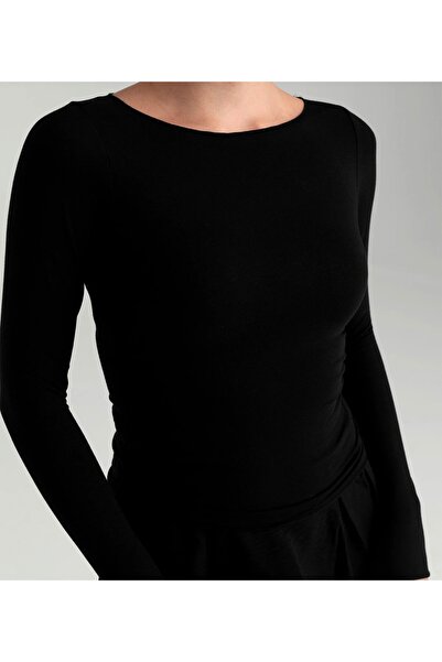 LUMİ Ultra Soft Boat Neck Slim Fit Long Sleeve Black Blouse