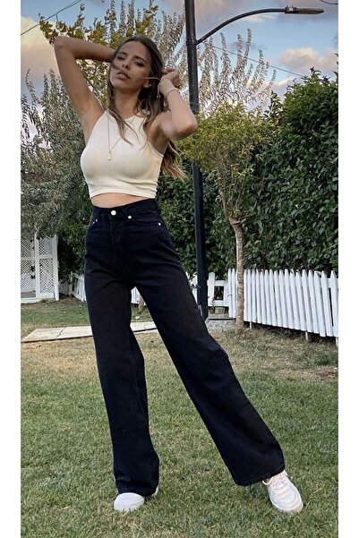 MRİABE УЛЬТРА ЧОРНІ ПАНТАЛОНИ ПАЛЛАЦО З ВИСОКОЮ ТАЛІЄЮ ДЛЯ ЖІНОК //З ЛІКРАМОМ//