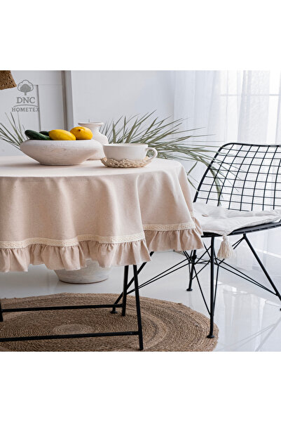 DNC HOMETEX Bej Keten Yuvarlak Fırfırlı ÖZEL SERİ Masa Örtüsü