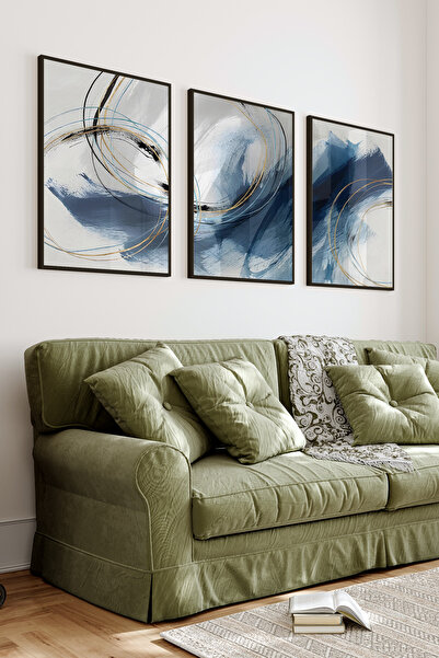 2D UV Printing 3-Piece MDF Painting Set with Black Frame –Blue Waves and Gold Lines Theme-Black CRV1056