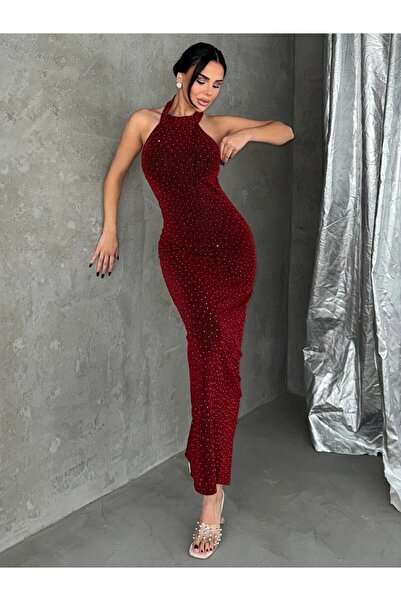 HARMONY GLOBAL Burgundy Halter Neckline Stone Embroidered Backless S Slim Fit Long New Year's Dress 7735