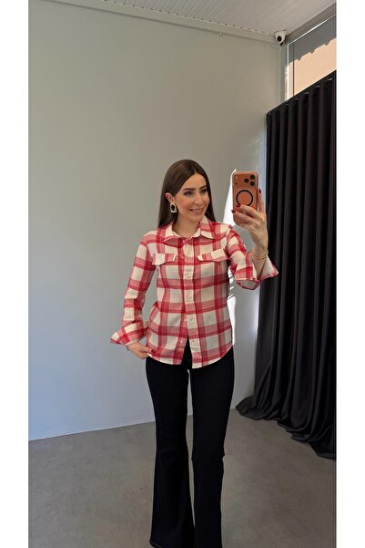 elif teke Pesta Vatkalı Ekoseli Gömlek Kırmızı