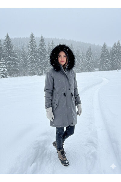 Hugglii Kadın Gri Kaşe Kaban - Siyah Kürklü Kapüşonlu & Belden Ayarlanabilir