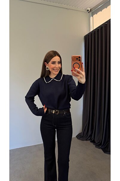 elif teke Bebe Yaka İşlemeli Triko Lacivert