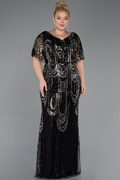 Abiyefon Siyah Taşlı Kısa Kol V Yaka Uzun Büyük Beden Abiye ABU5366